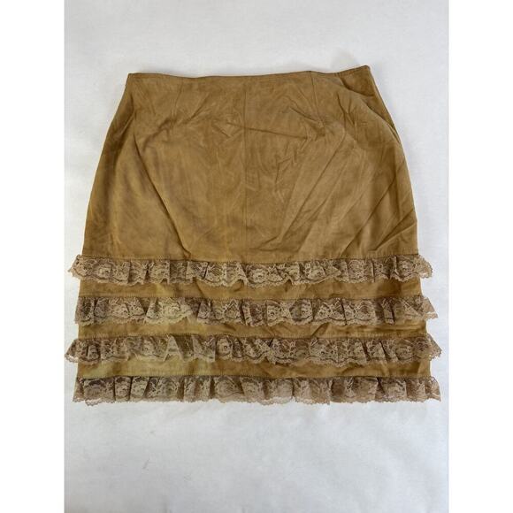 5/48 Genuine Leather Skirt Tiered Boho Lace Tan Neutral Size 8 Western Cottage - Picture 2 of 7